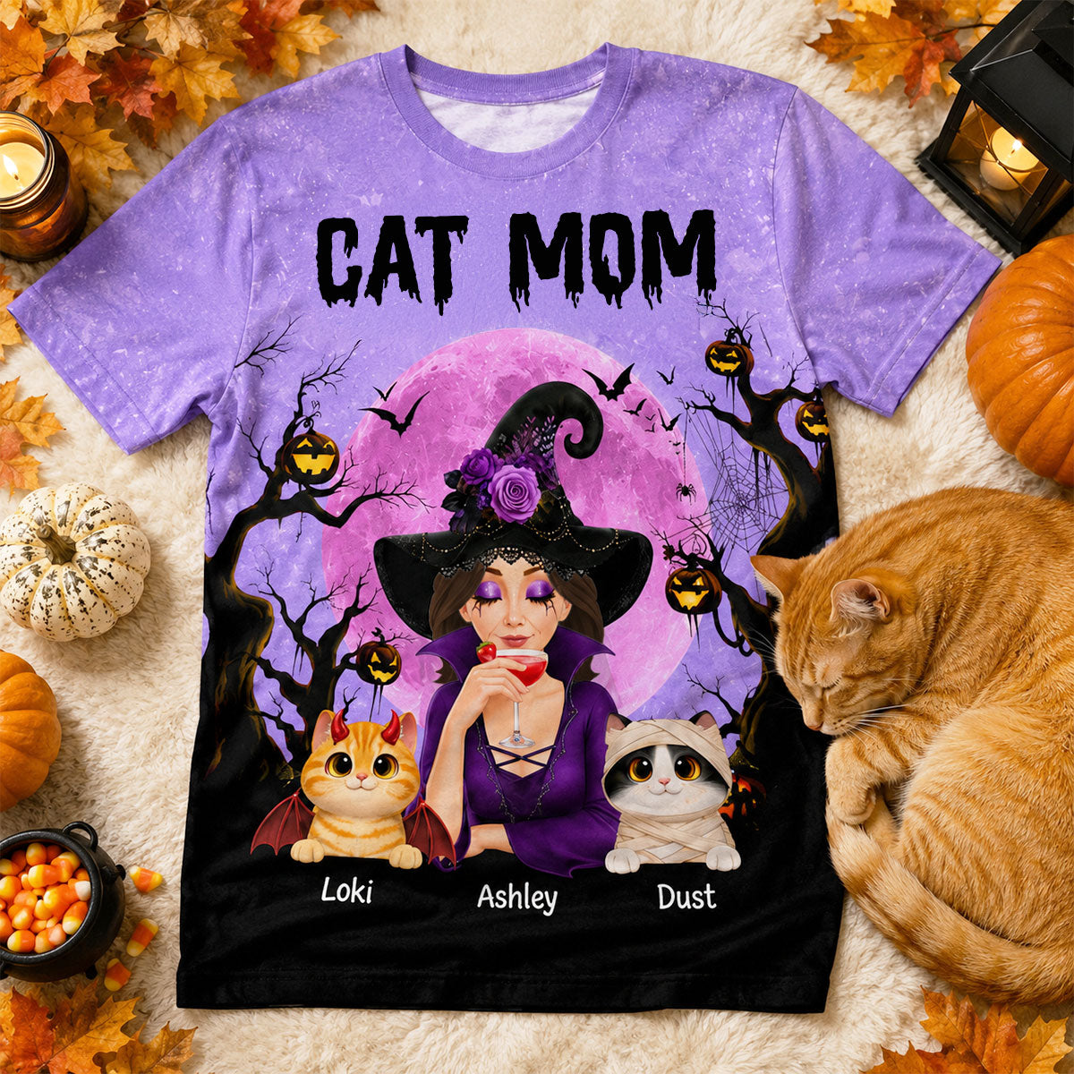 Halloween Theme Spooky Cat Mom Witch - Personalized Shirt - Halloween Gift For Cat Lovers