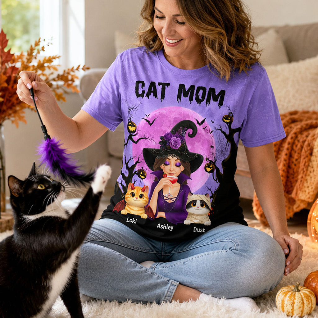 Halloween Theme Spooky Cat Mom Witch - Personalized Shirt - Halloween Gift For Cat Lovers