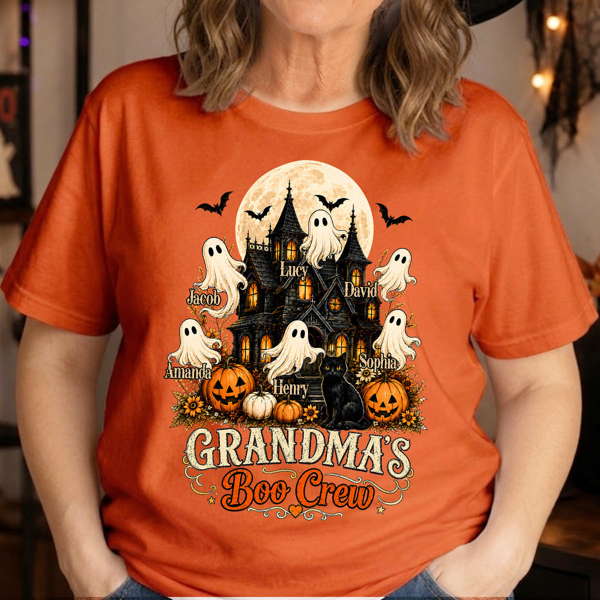 Grandma's Boo Crew Halloween Haunted House - Personalized Light Color Shirt - Gift for Grandma