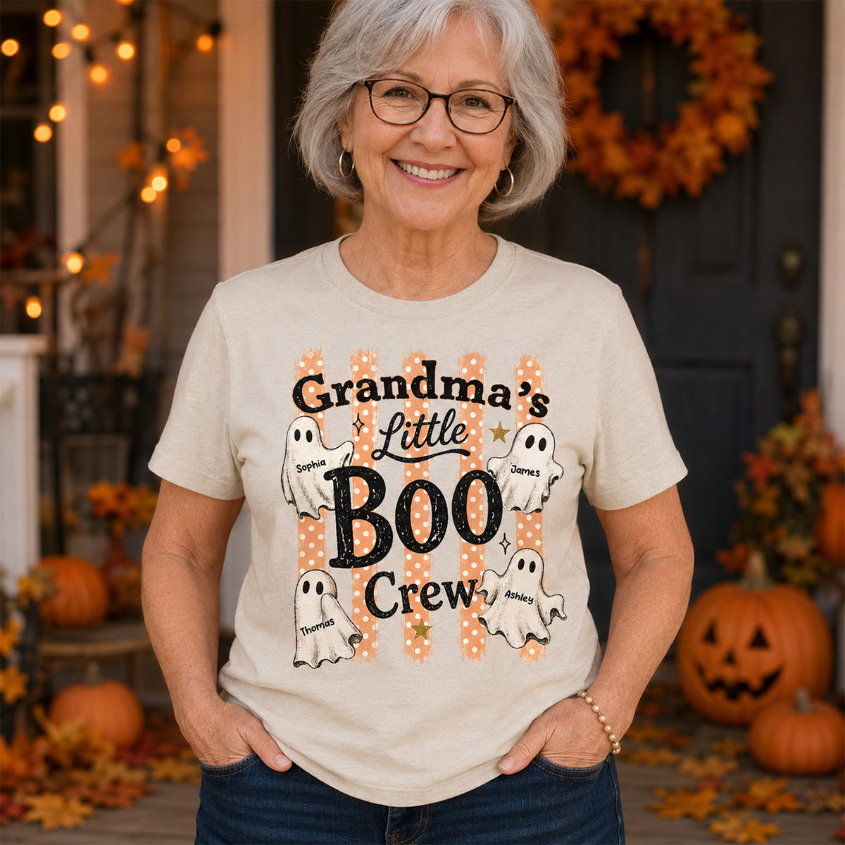 Grandma's Boo Crew Polka Dot Stripes - Personalized Shirt - Perfect Halloween Costume for Grandma
