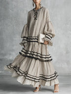 Women's Casual Stylish Vacation Art Striped Ruffled Cotton Maxi Dress