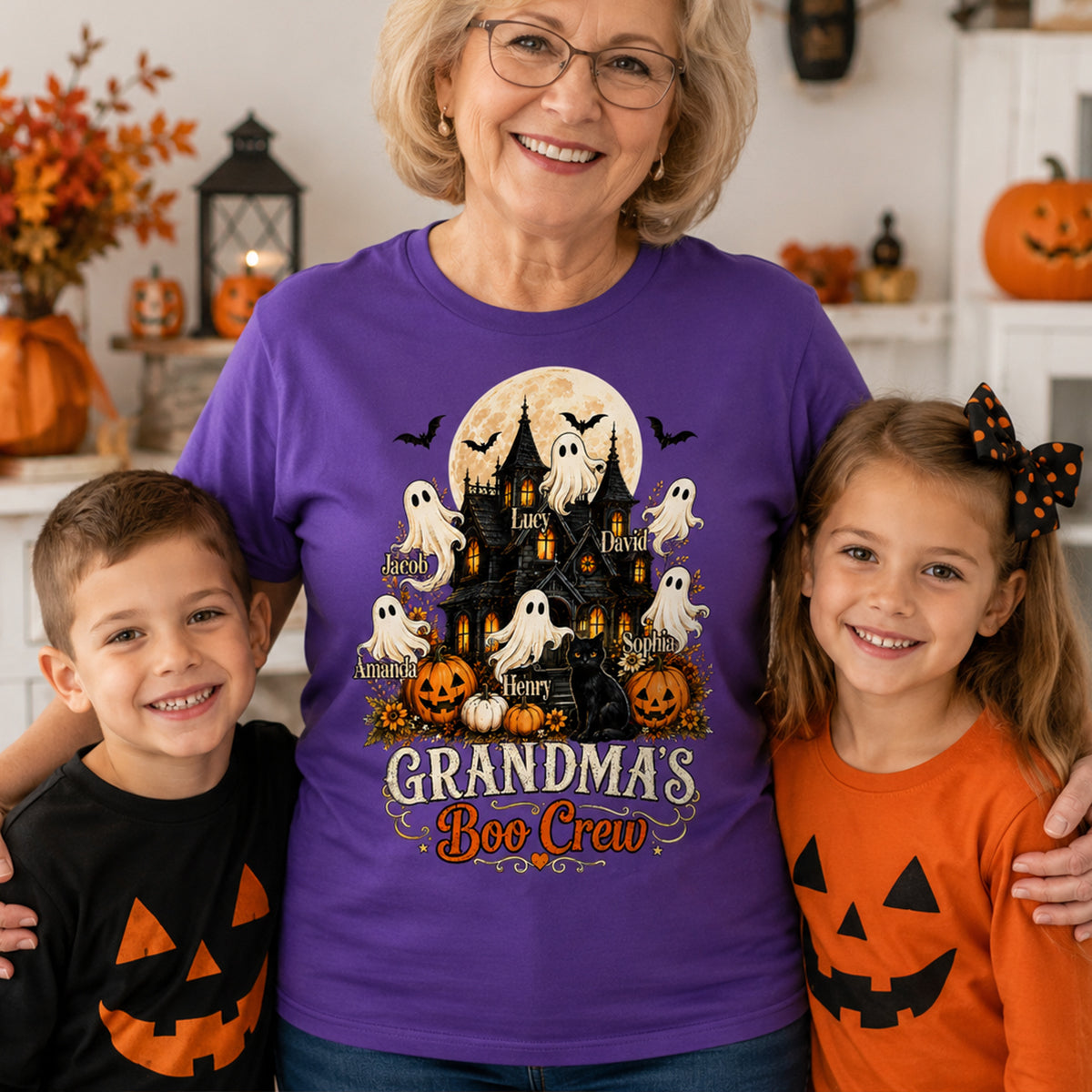 Grandma's Boo Crew Halloween Haunted House - Personalized Light Color Shirt - Gift for Grandma