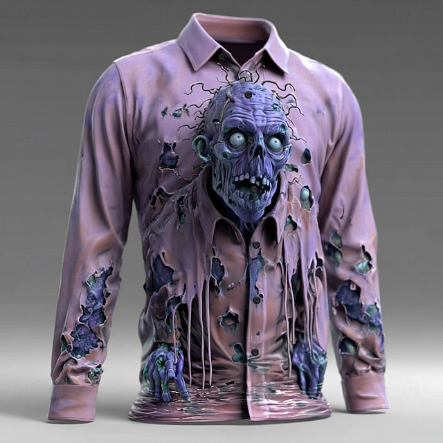 Halloween Men's Optical Illusion Zombies Horror Shirt Button Up Shirt Long Sleeve Dark Punk Gothic Style Outdoor Holiday Summer Spring Turndown 3D Print Collared Shirts Blue Purple Green