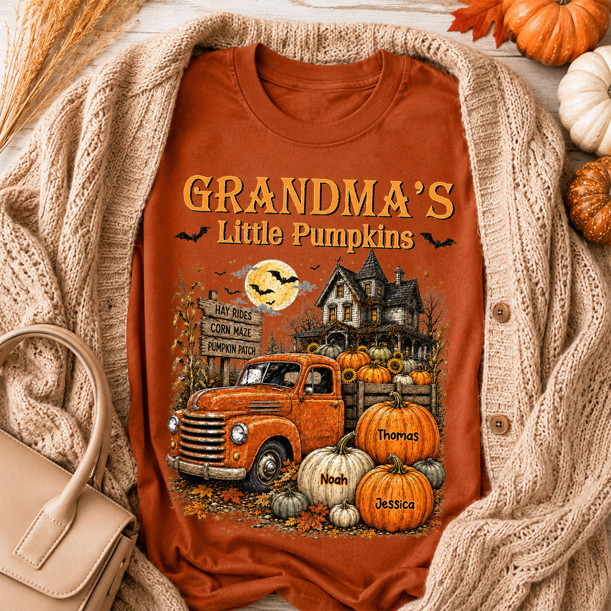 Retro Vintage Farmhouse Halloween Town Style Grandma's Little Pumpkins Truck - Personalized Shirt - Halloween Gift For Grandma