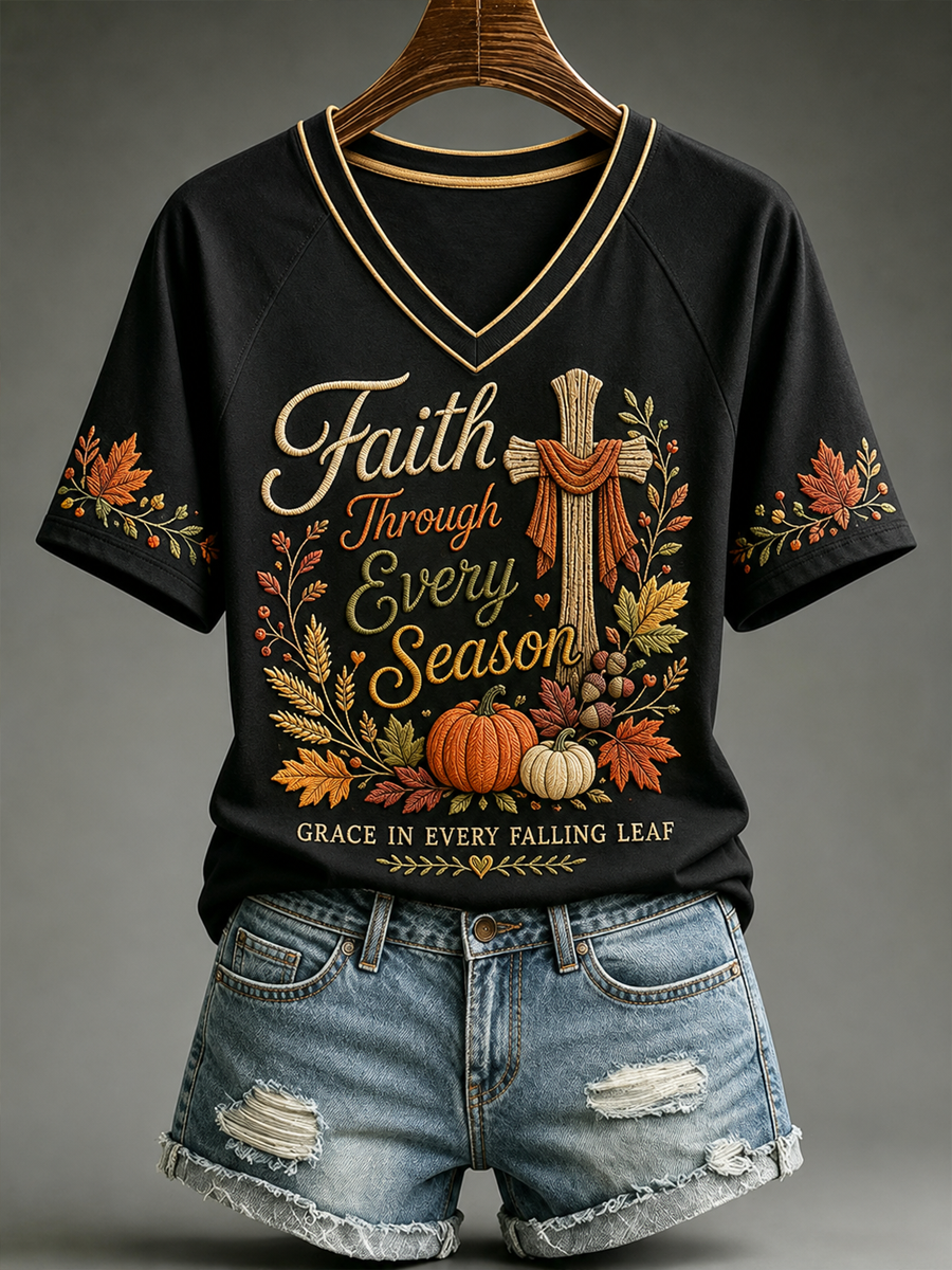 Women's Fall Casual Faith Graphic Print V-neck off-shoulder short-sleeved T-shirt