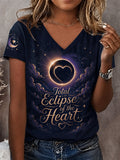 Women's Total Eclipse Of The Heart Print Casual V-Neck Tee