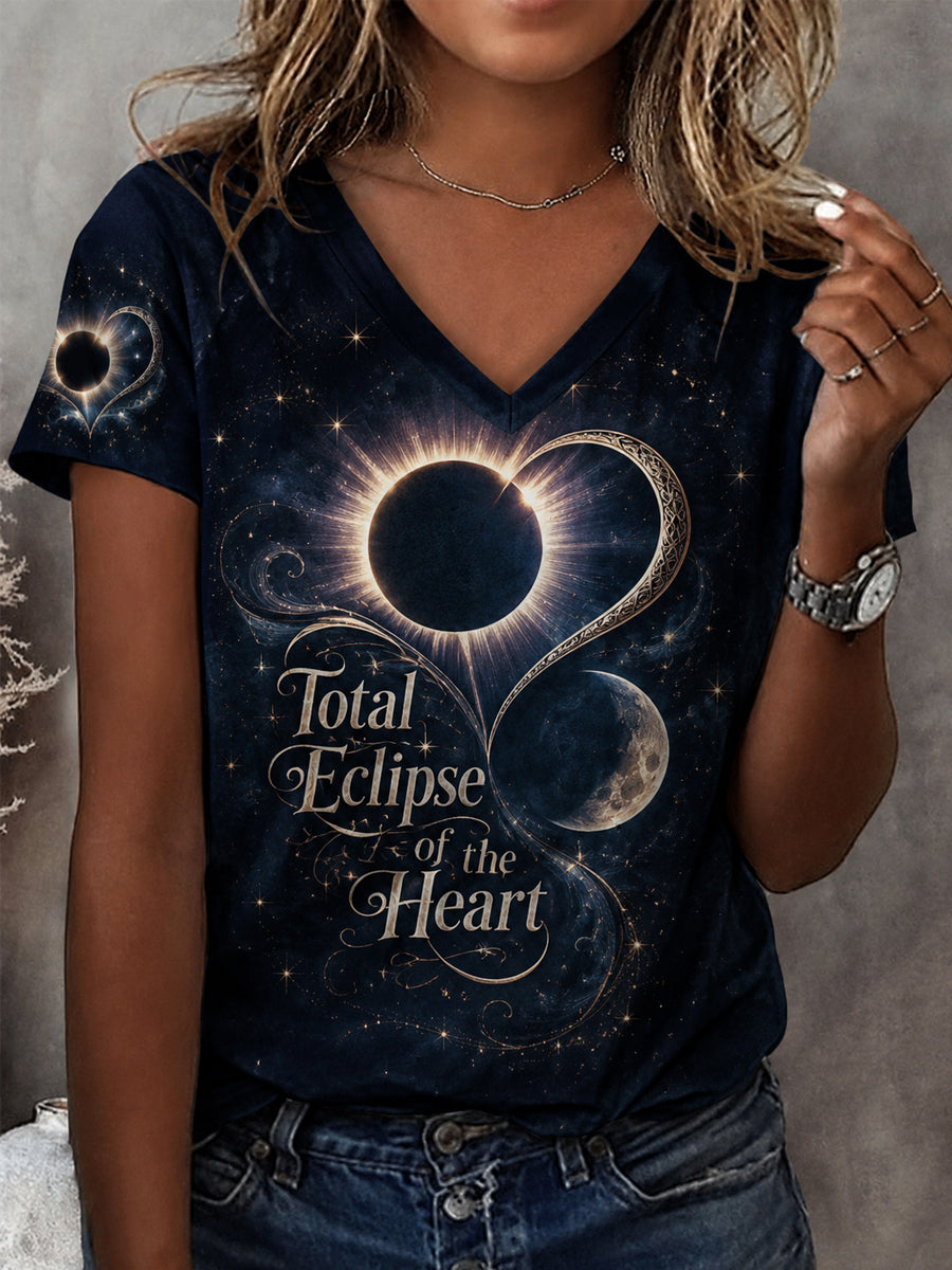 Women's Total Eclipse Of The Heart Print Casual V-Neck Tee