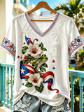 Women's Puerto Rico Printed V-neck off-shoulder short-sleeved T-shirt