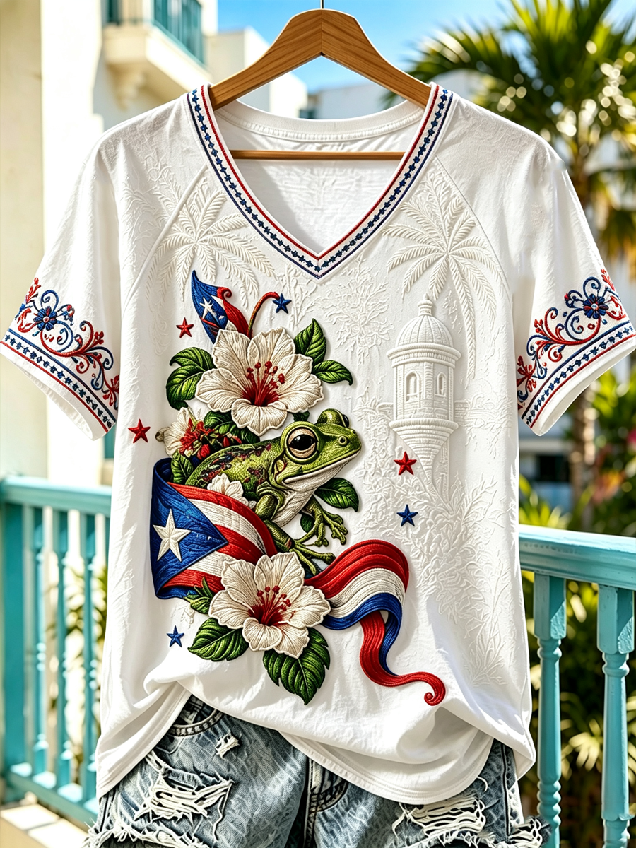 Women's Puerto Rico Printed V-neck off-shoulder short-sleeved T-shirt