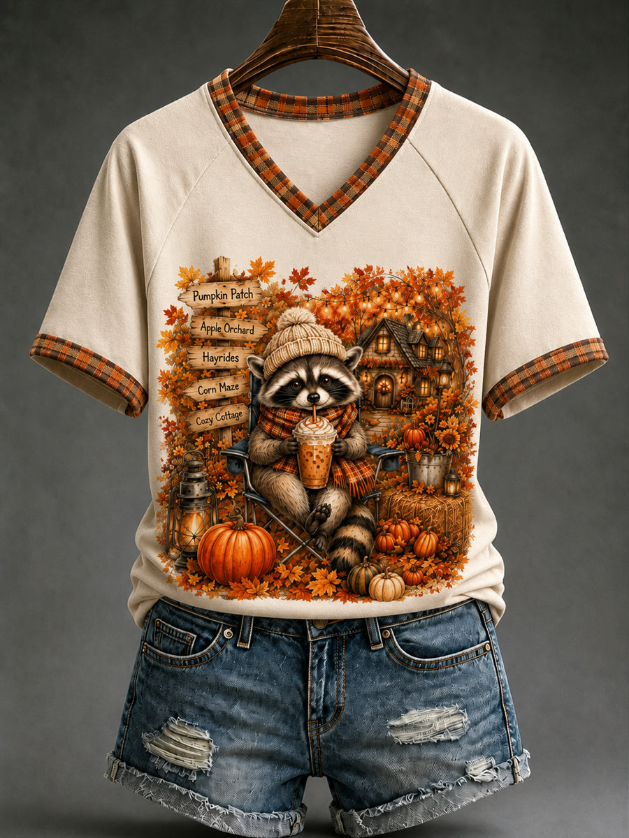 Women's Funny Fall Raccoon Coffee V-neck Short Sleeve T-shirt