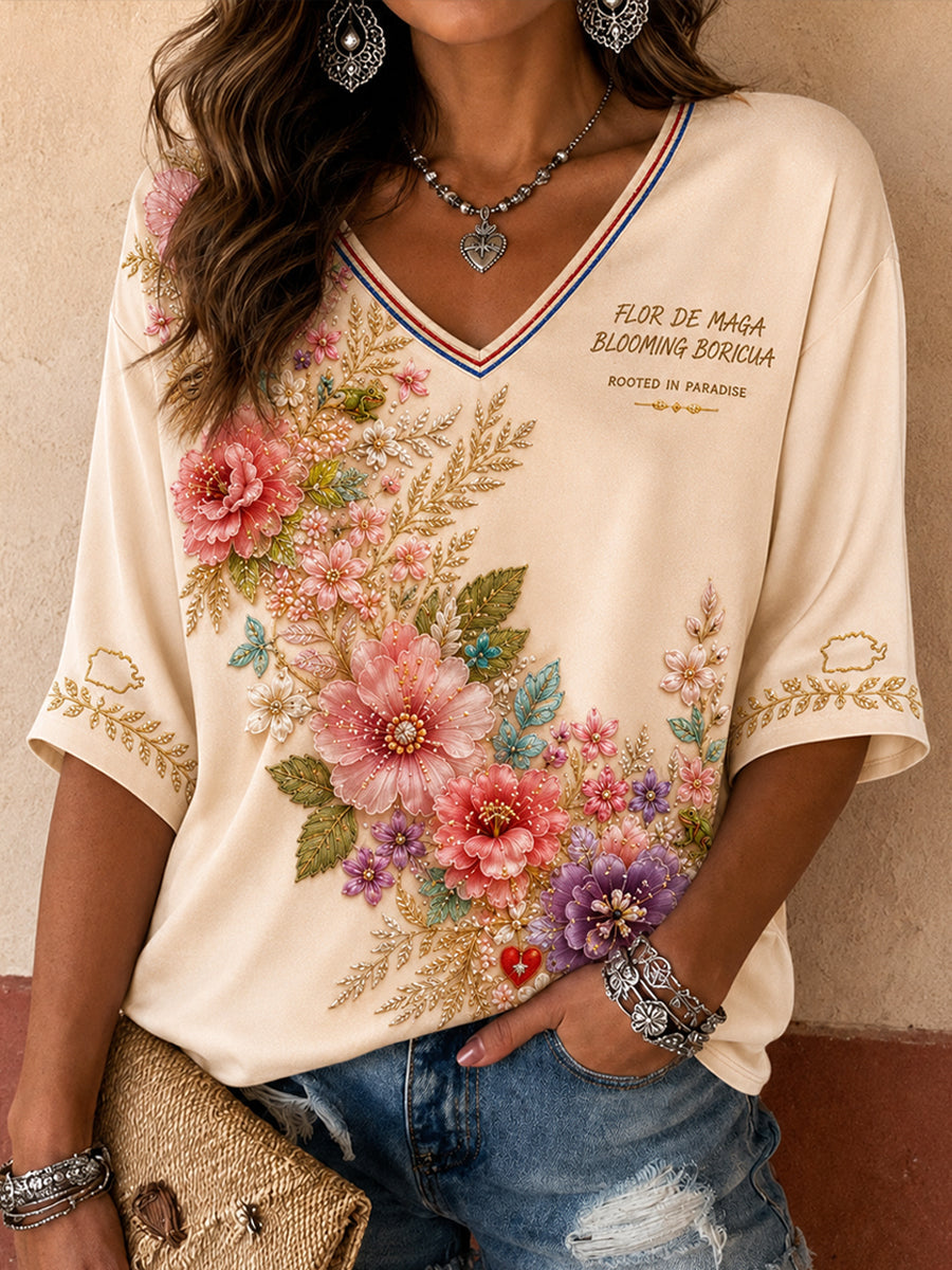 Women's Puerto Rico Art Printed Linen Tops