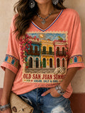 Women's Puerto Rico Art Printed Linen Tops