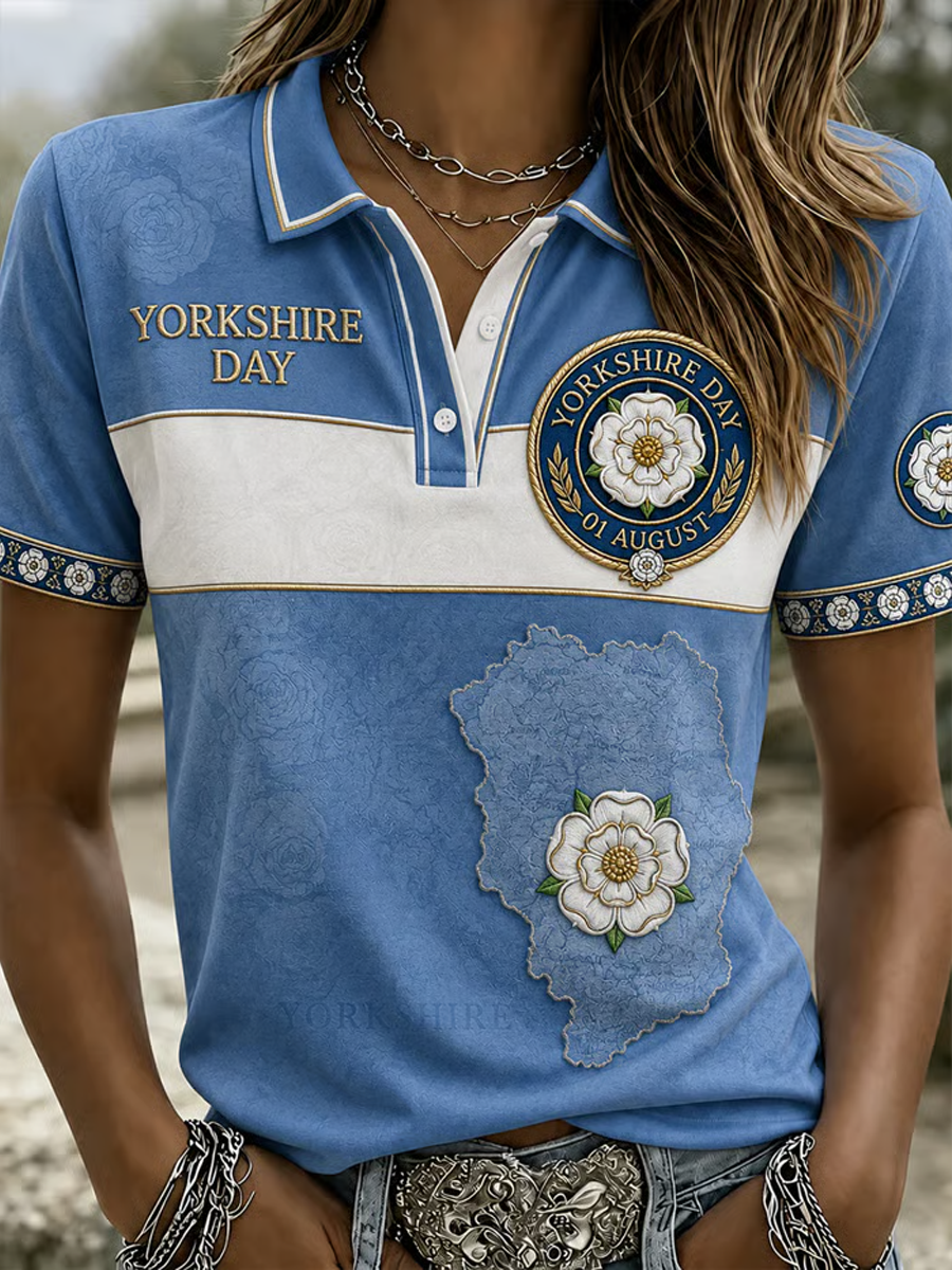 Women's Yorkshire Day White Roses Art Printed polo T-shirt