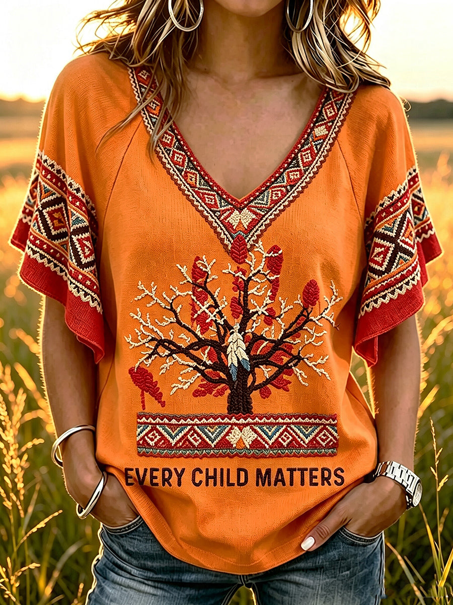 Women's  Every Child Matters Printed V-neck Ruffle Sleeve T-shirt