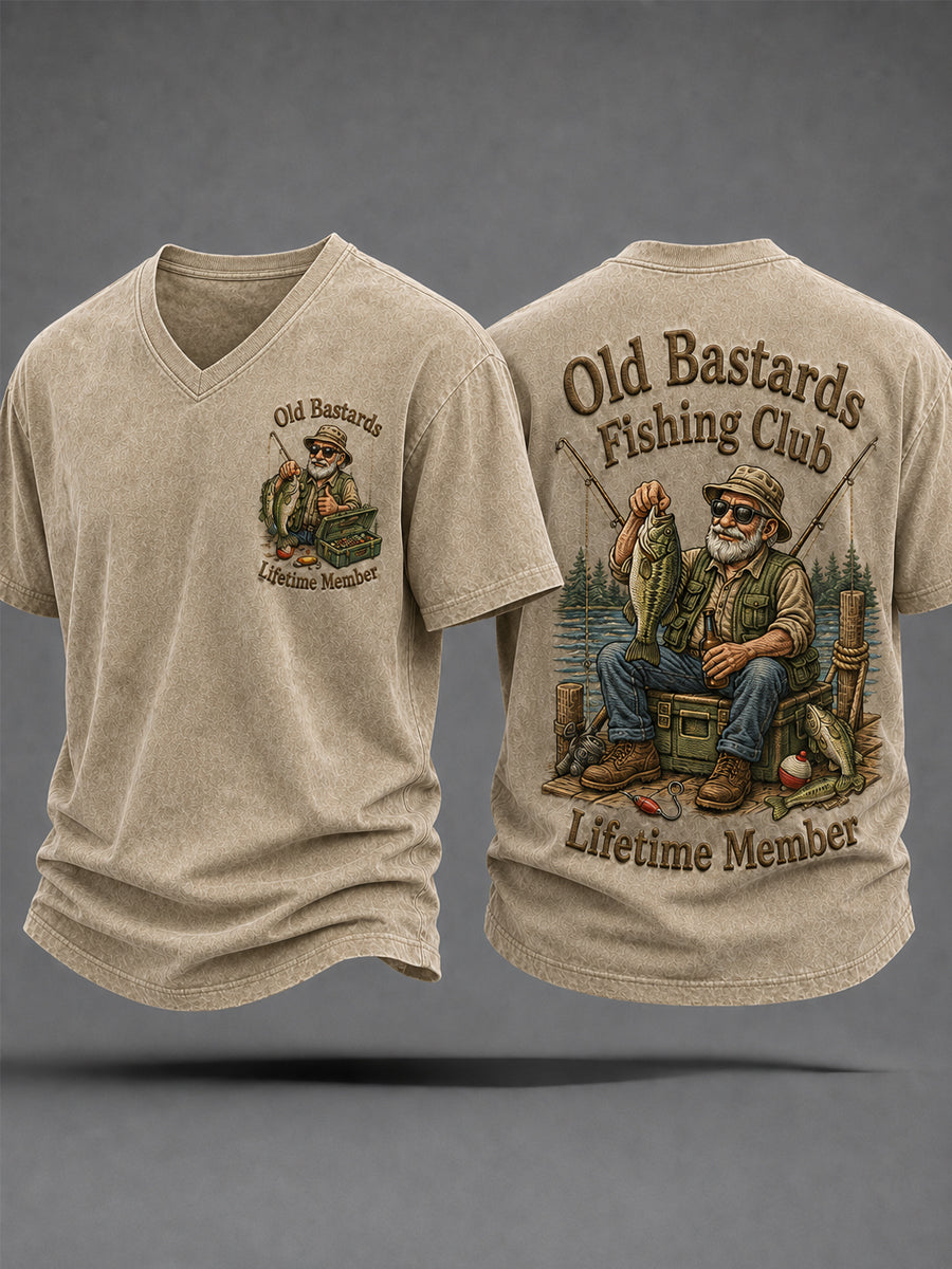 Men's Funny Old Bastards Fishing Club Lifetime Member Print Casual V-Neck Tee