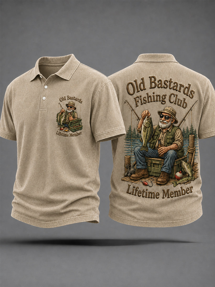 Men's Funny Old Bastards Fishing Club Lifetime Member Print Casual Polo Shirt