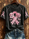 Women's Vintage Pink Ribbon Halloween Print Round Neck Short Sleeve T-shirt