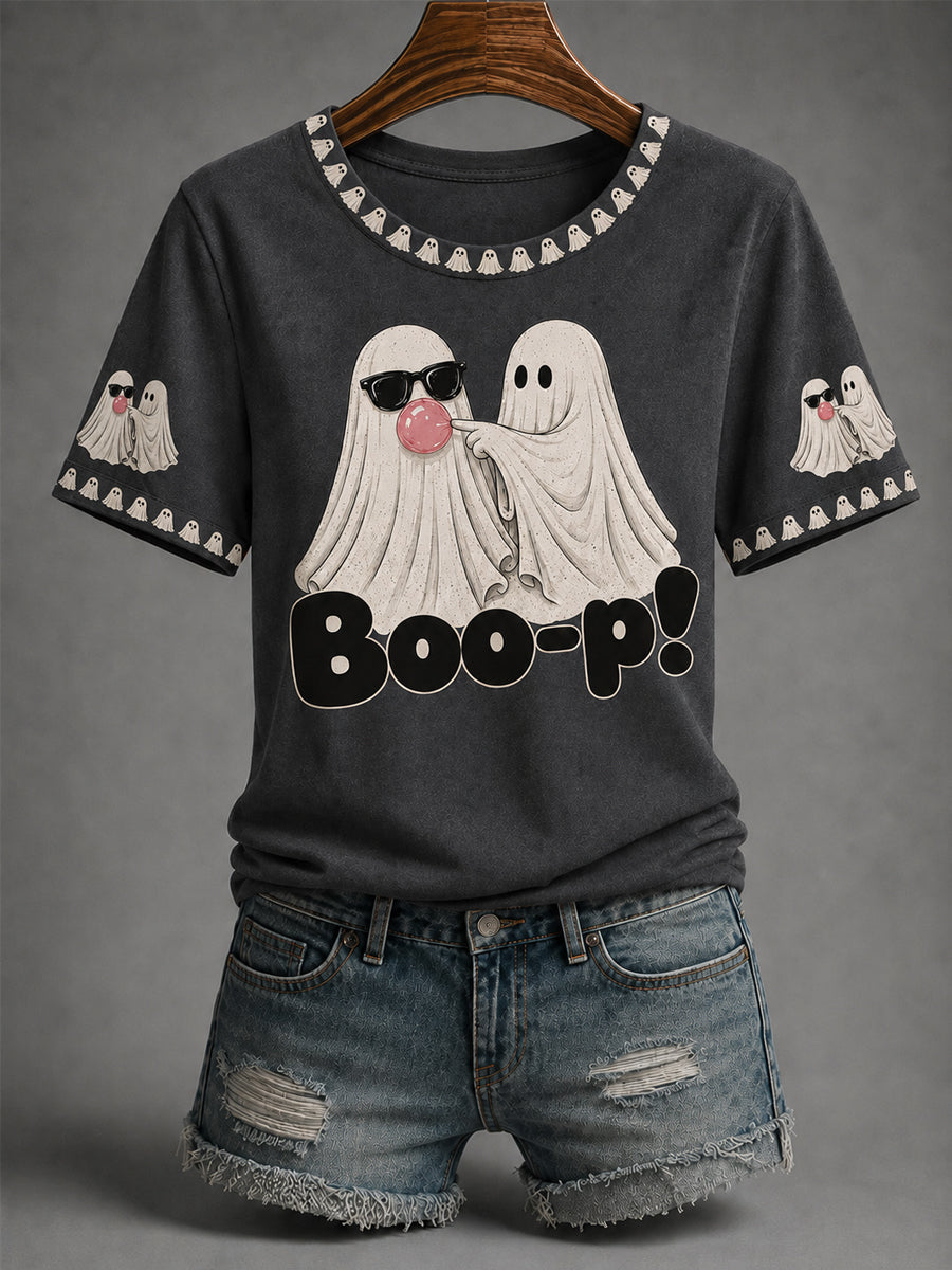 Women's Fall Season Halloween Cute Bubble Gum Ghost Boo-p! Print Casual Tee
