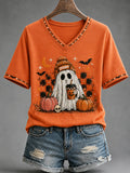 Women's Retro Halloween Pumpkin Ghost Short Sleeve T-shirt
