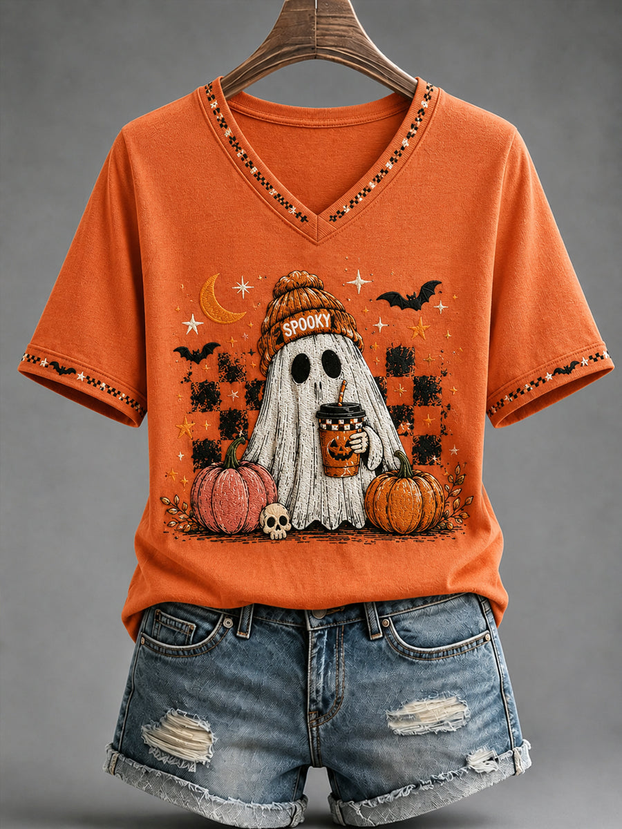 Women's Retro Halloween Pumpkin Ghost Short Sleeve T-shirt