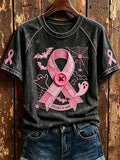 Women's Stitches Of Hope Pink Ribbon Halloween Print Round Neck Short Sleeve T-shirt