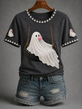 Women’s Fall Halloween Cute Bubble Gum Ghost On Swing Print Casual Tee