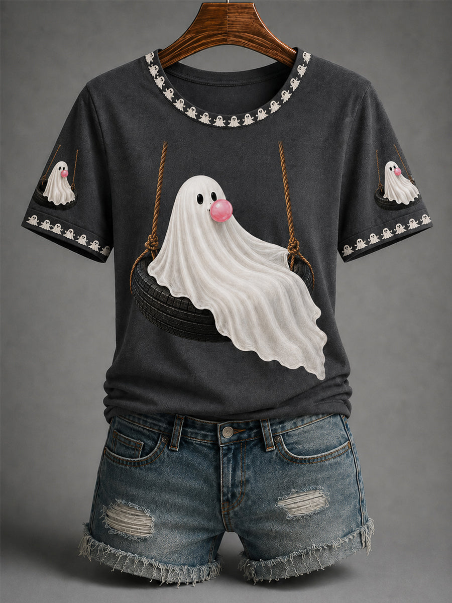 Women’s Fall Halloween Cute Bubble Gum Ghost On Swing Print Casual Tee
