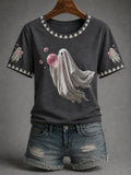 Women’s Fall Halloween Cute Bubble Gum Ghost Print Casual Tee