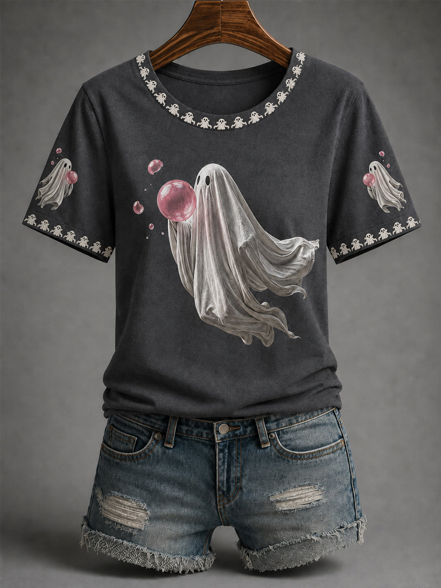 Women’s Fall Halloween Cute Bubble Gum Ghost Print Casual Tee
