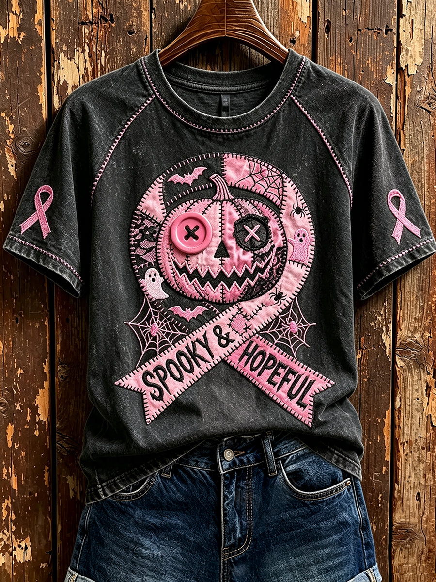 Women's Spooky & Hopeful Pink Ribbon Pumpkin Print Round Neck Short Sleeve T-shirt