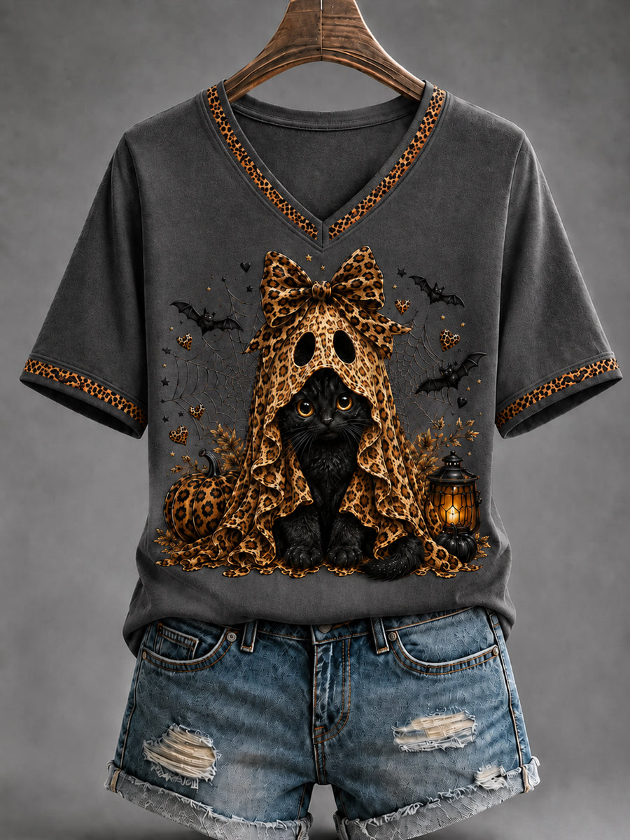 Women's Retro Halloween Pumpkin Ghost  Short Sleeve T-shirt