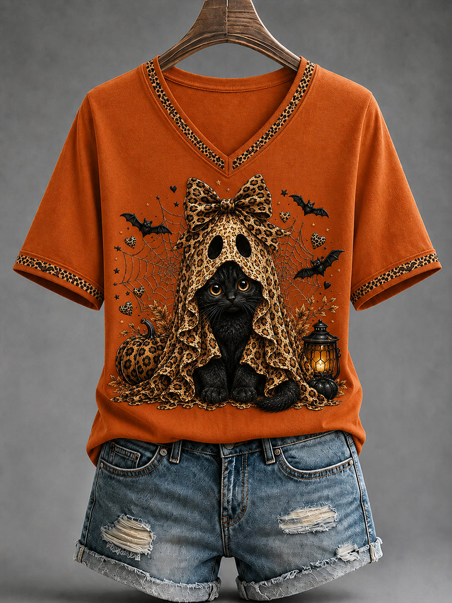 Women's Retro Halloween Pumpkin Ghost  Short Sleeve T-shirt
