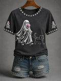 Women's Fall Season Halloween Ghost Blowing Bubble Gum And Cat Print Casual Tee
