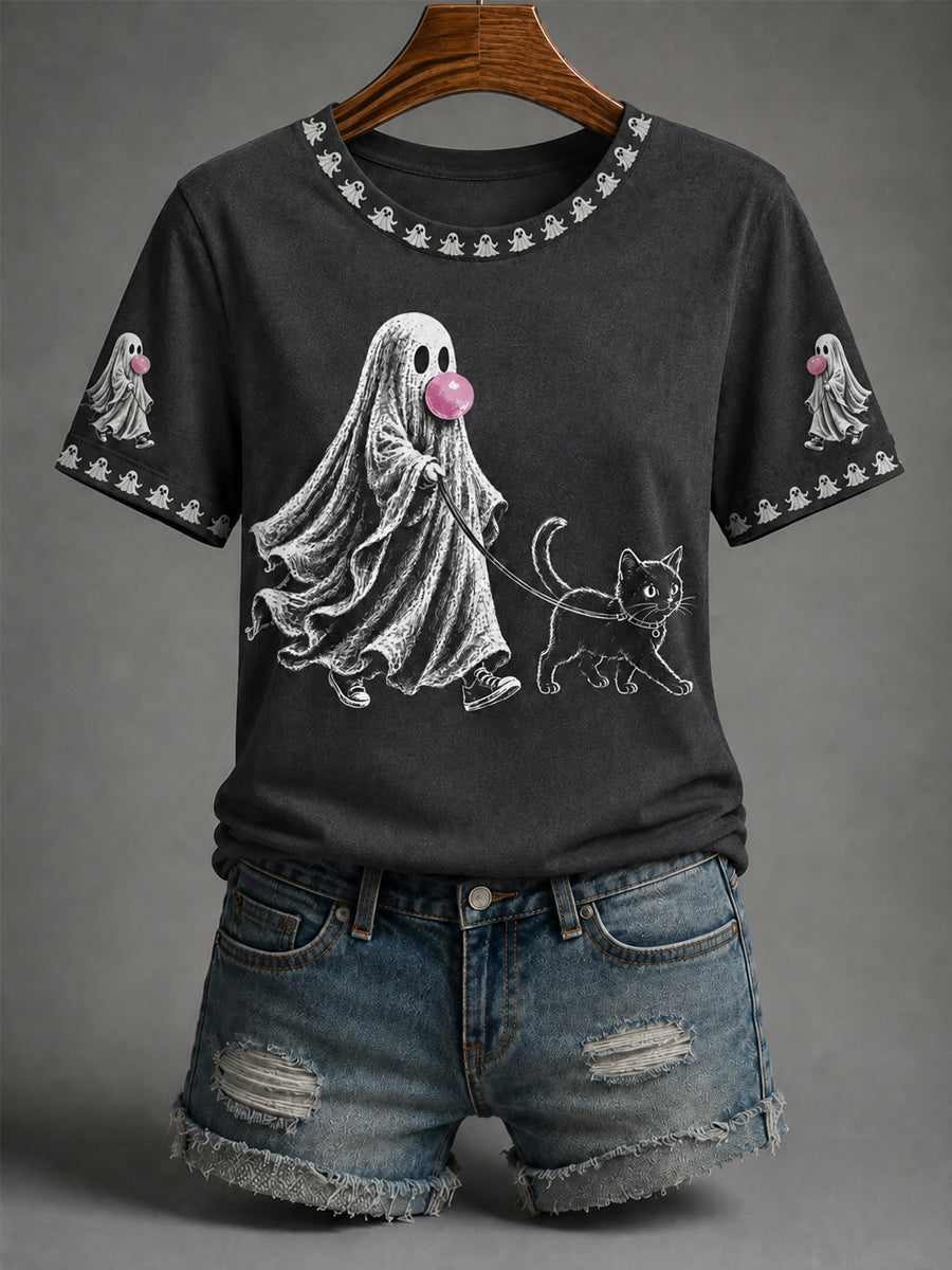Women's Fall Season Halloween Ghost Blowing Bubble Gum And Cat Print Casual Tee