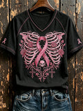 Women's Vintage Pink Ribbon Skeleton Print V Neck Short Sleeve T-shirt
