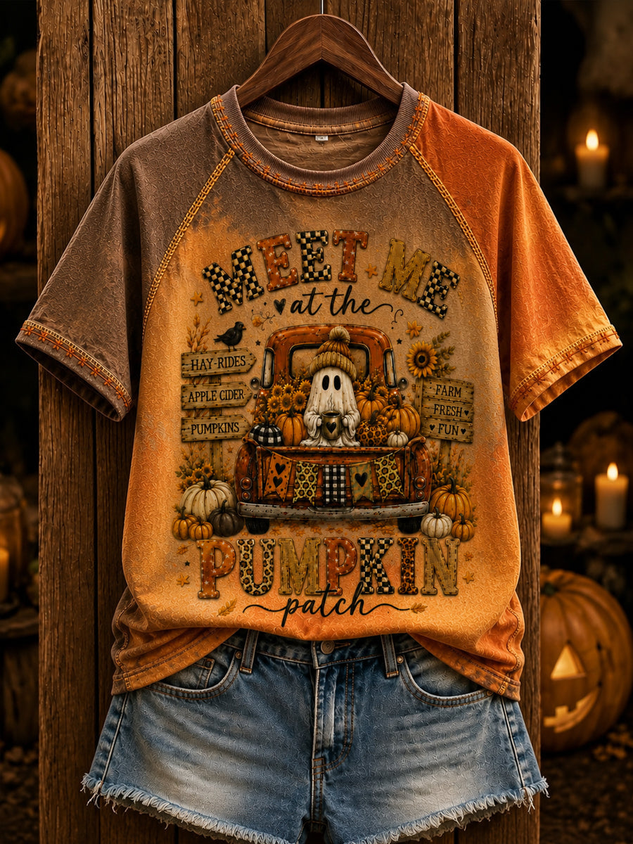 Women's Retro Halloween Pumpkin Ghost O-neck Short Sleeve T-shirt