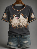 Women’s Fall Halloween Cute Bubble Gum Ghost Print Casual Tee