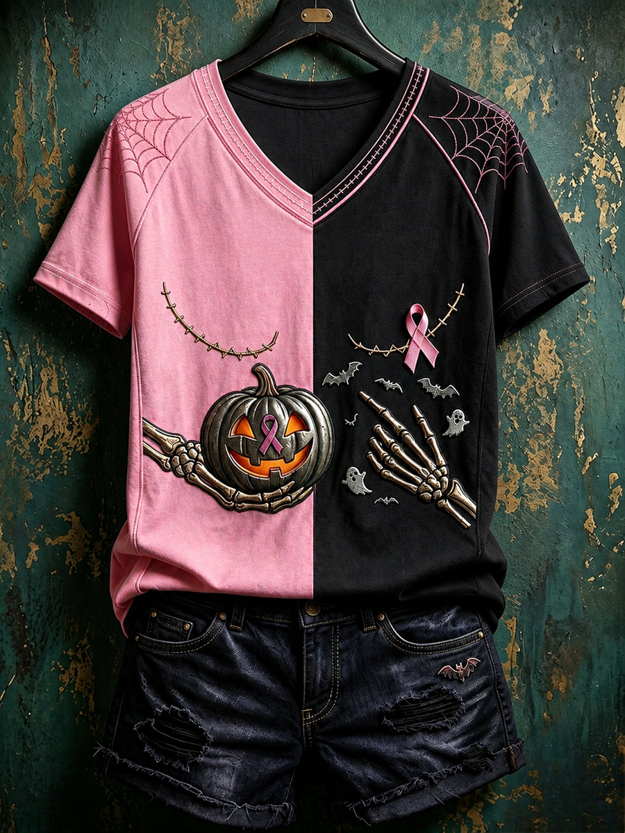Women's Vintage Pink Ribbon Pumpkin Print Contrast Color Short Sleeve T-shirt
