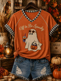Women's Funny Halloween Print V-neck T-shirt