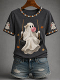 Women’s Fall Halloween Cute Bubble Gum Ghost on Swing Print Casual Tee