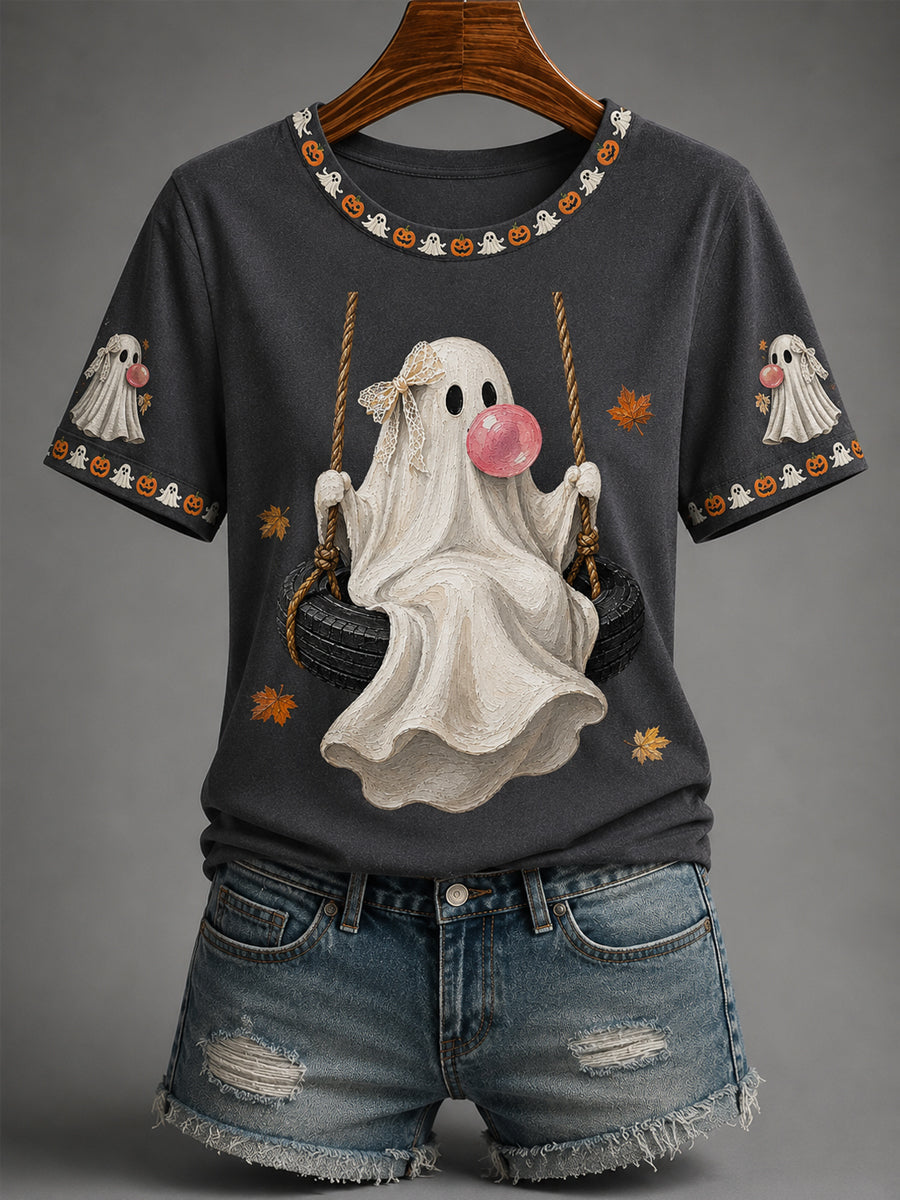 Women’s Fall Halloween Cute Bubble Gum Ghost on Swing Print Casual Tee
