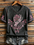 Women's Retro Pink Ribbon Skeleton Print V Neck Short Sleeve T-shirt