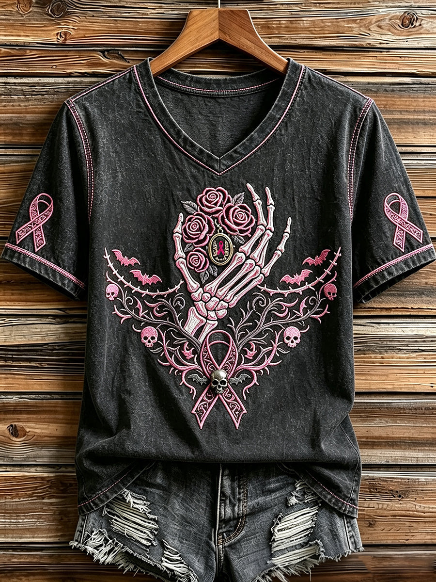 Women's Retro Pink Ribbon Skeleton Print V Neck Short Sleeve T-shirt
