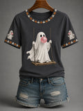 Women’s Fall Halloween Cute Bubble Gum Ghost on Swing Print Casual Tee
