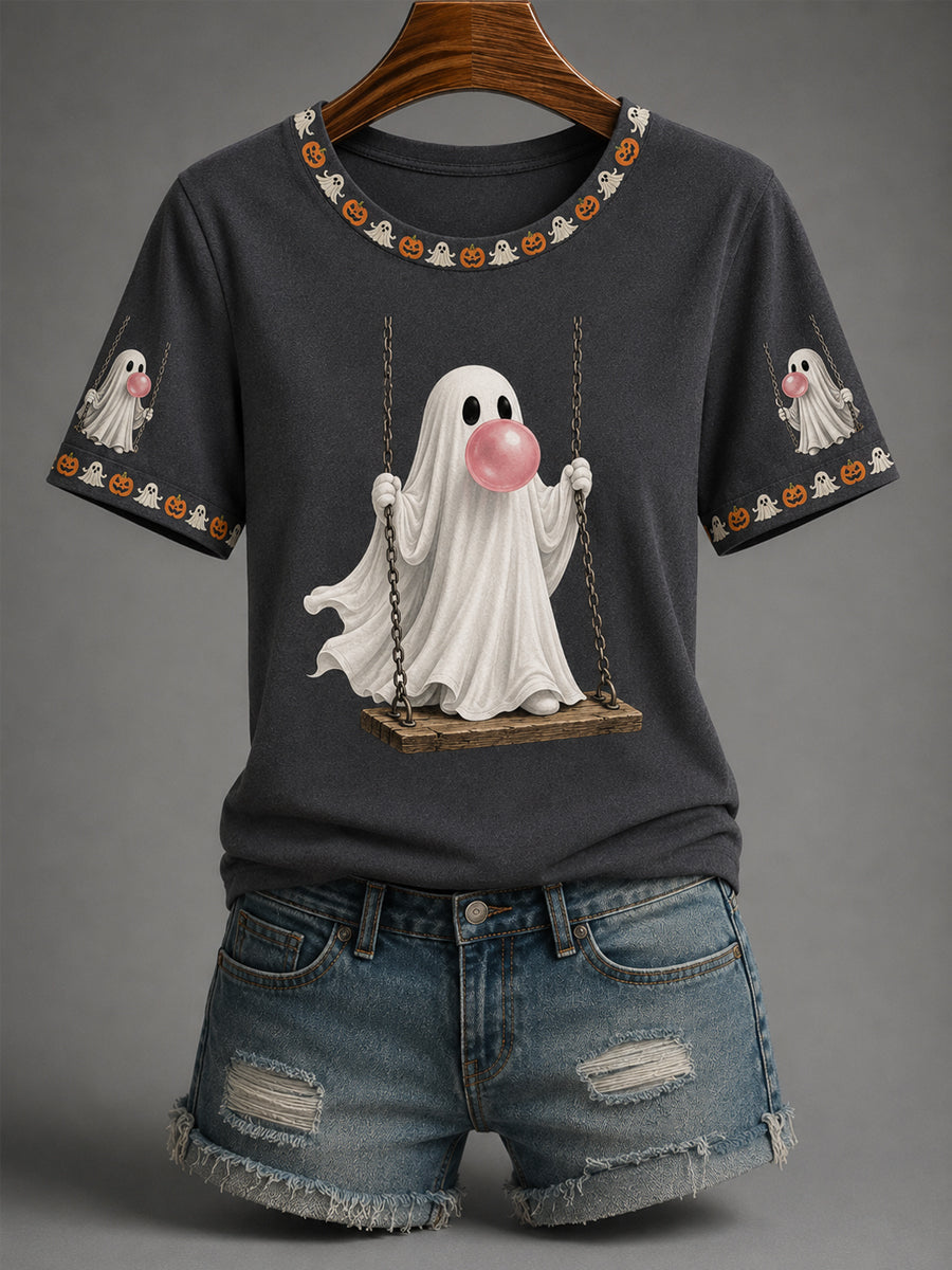 Women’s Fall Halloween Cute Bubble Gum Ghost on Swing Print Casual Tee