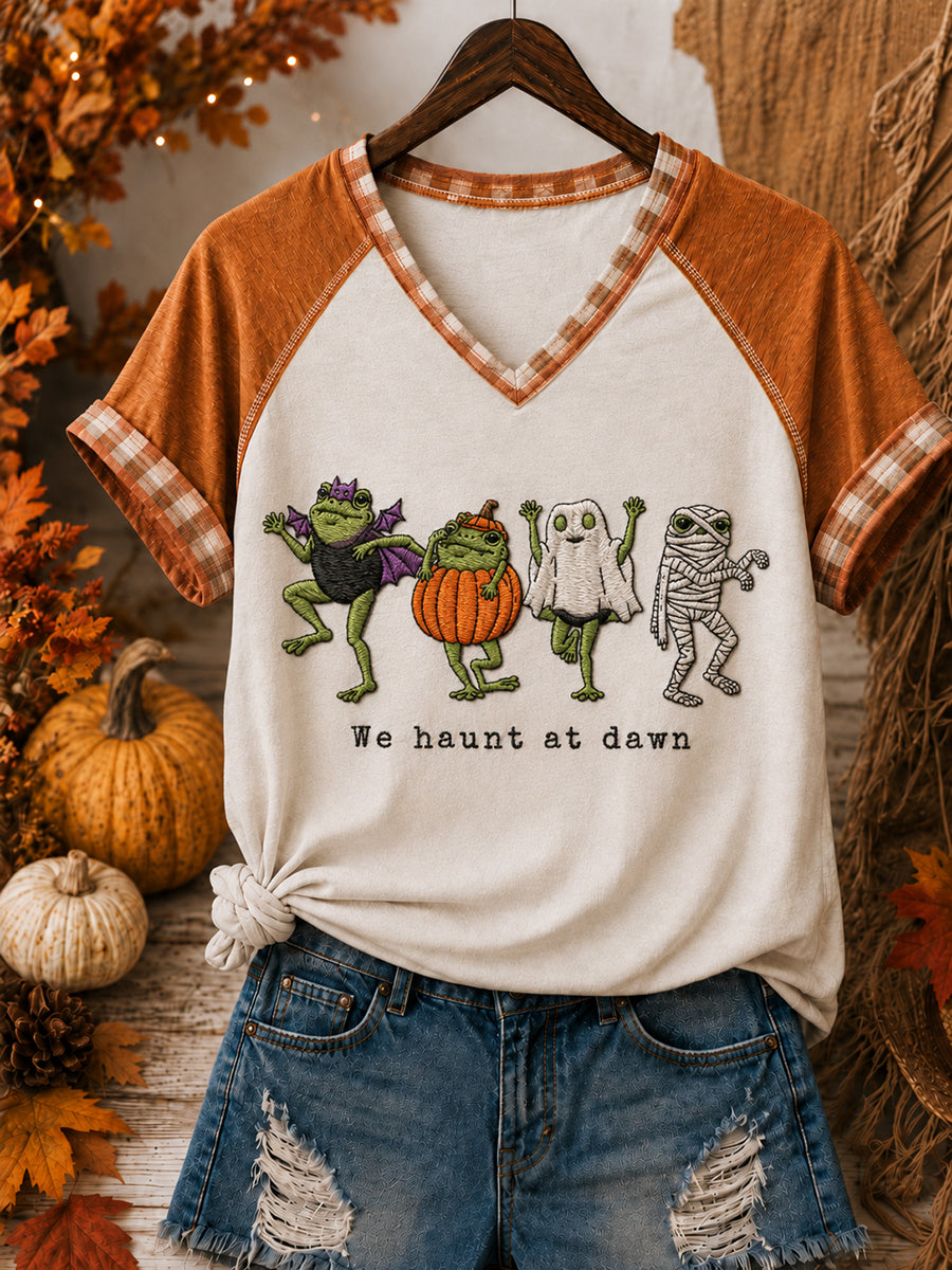 Women's Funny Halloween Print V-neck T-shirt
