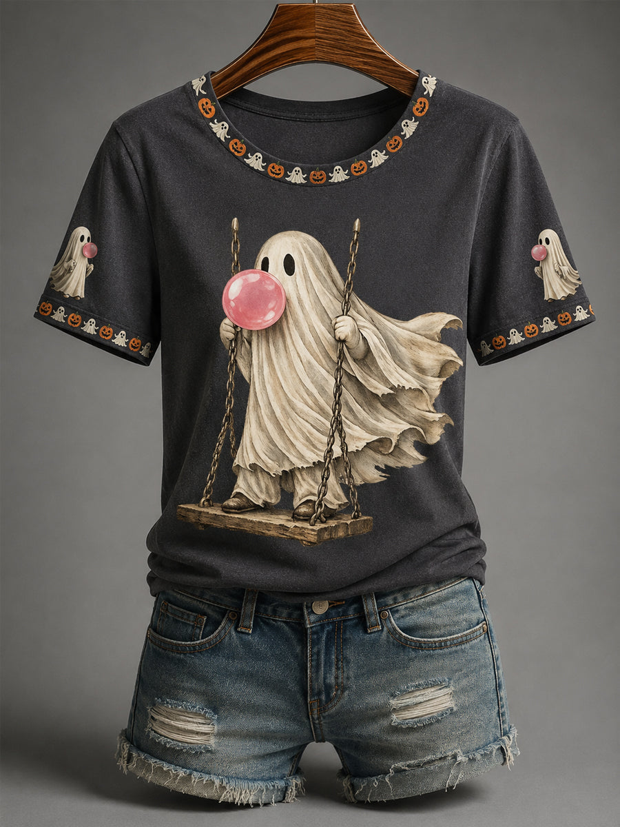 Women’s Fall Halloween Cute Bubble Gum Ghost on Swing Print Casual Tee
