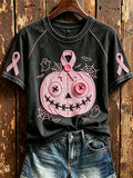 Women's Vintage Pink Ribbon Pumpkin Print Round Neck Short Sleeve T-shirt