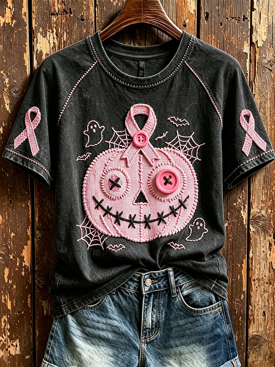 Women's Vintage Pink Ribbon Pumpkin Print Round Neck Short Sleeve T-shirt