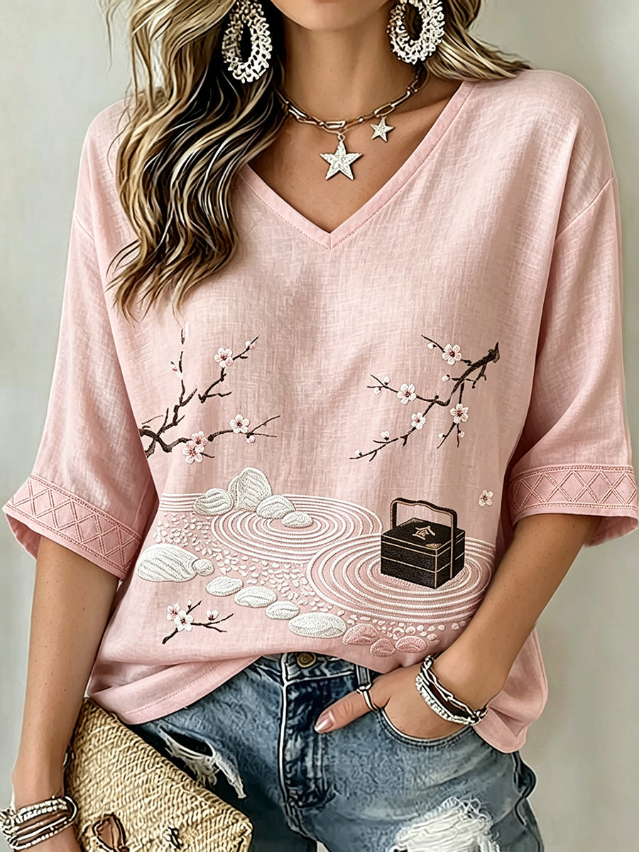 Women's Calssy Japanese Art Print Linen Short-sleeved T-shirt